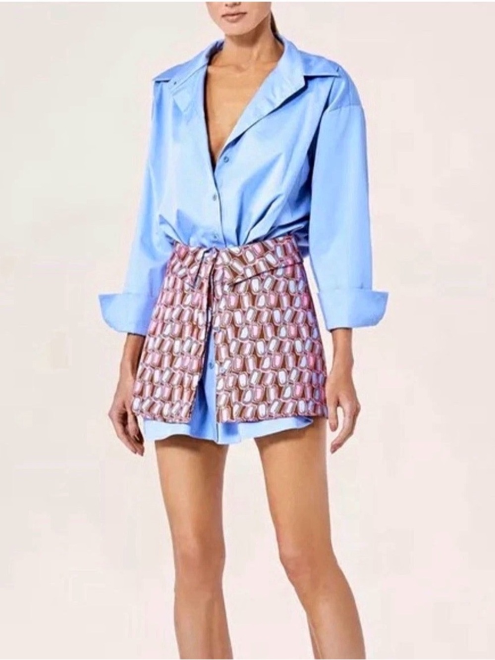 Alexis Powder Blue Button-Down Shirt Dress with Patterned Tie-Waist Overlay
